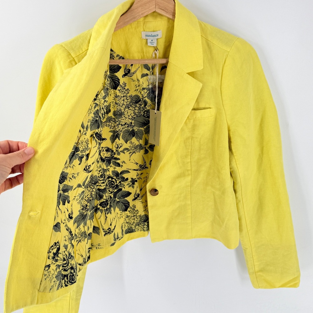 Sundance Blazer Yellow Medium Cotton Linen Floral Lining Cropped Single Button - Picture 8 of 9